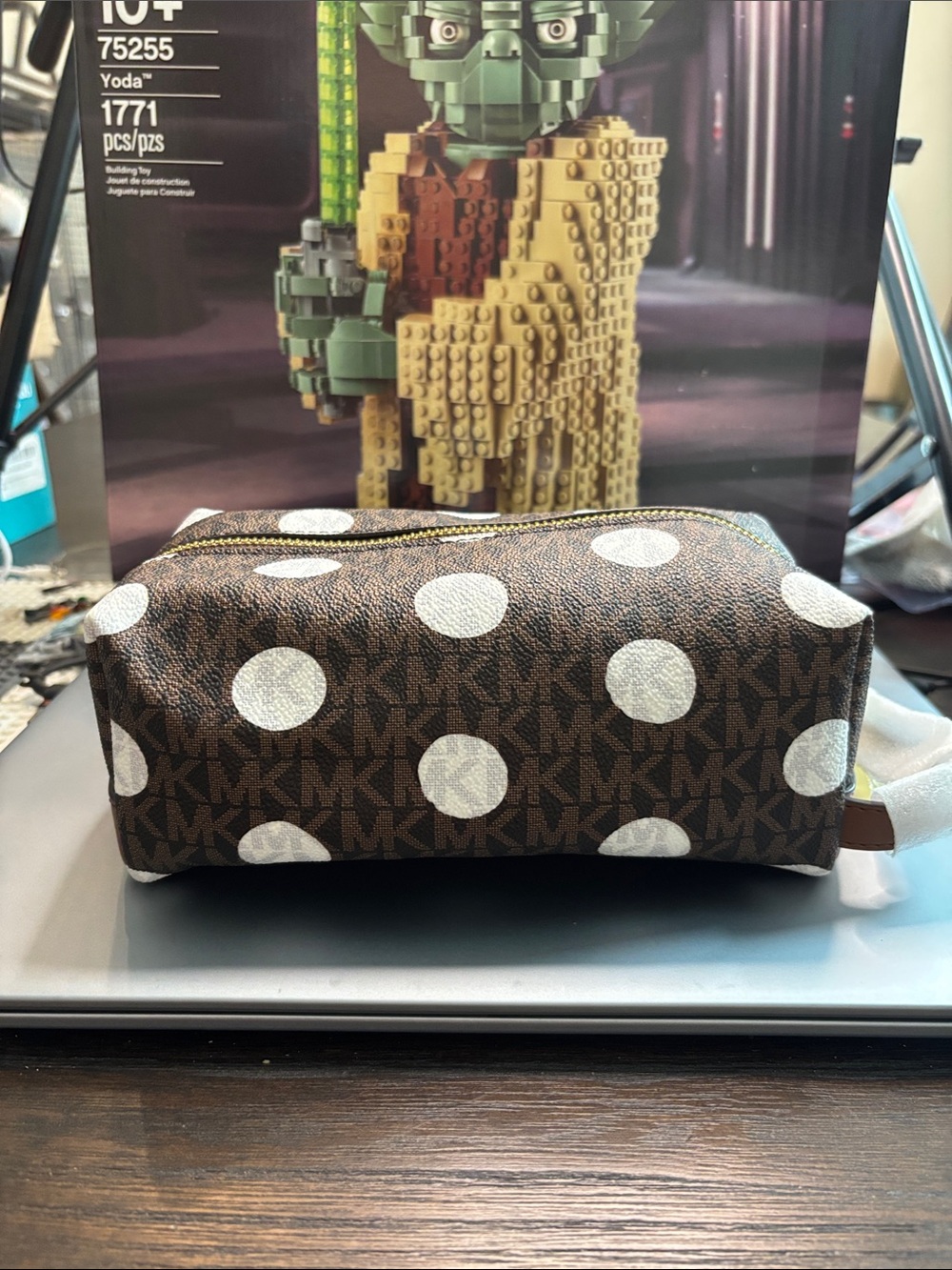 Michael Kors Brown and White Polka Dot Toiletry Bag